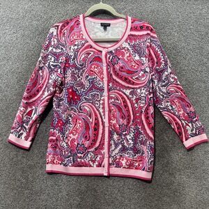 Talbots Cardigan Sweater Women Large Pink Paisley Floral Button Up Long Sleeve